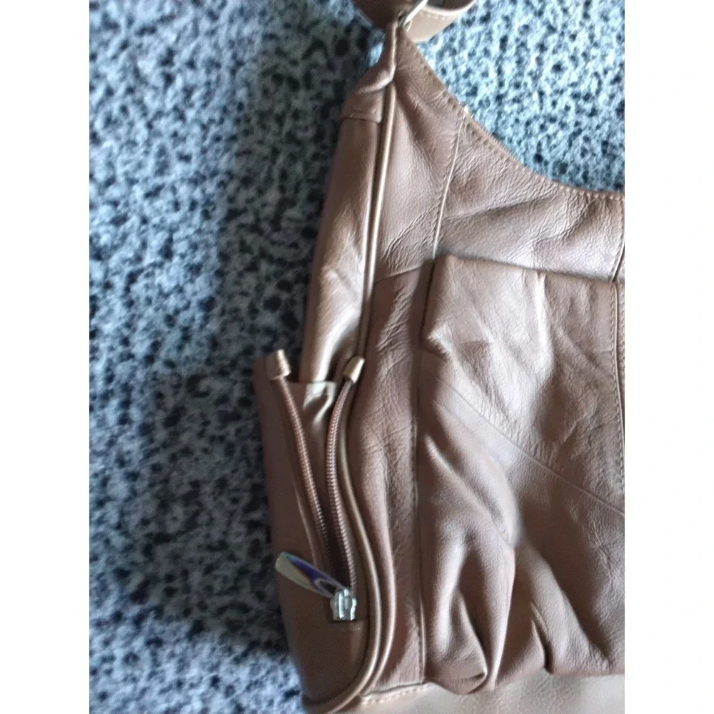 Genuine Cowhide Leather Shoulder Bag Tan Brown Multi Pocket Hobo Purse